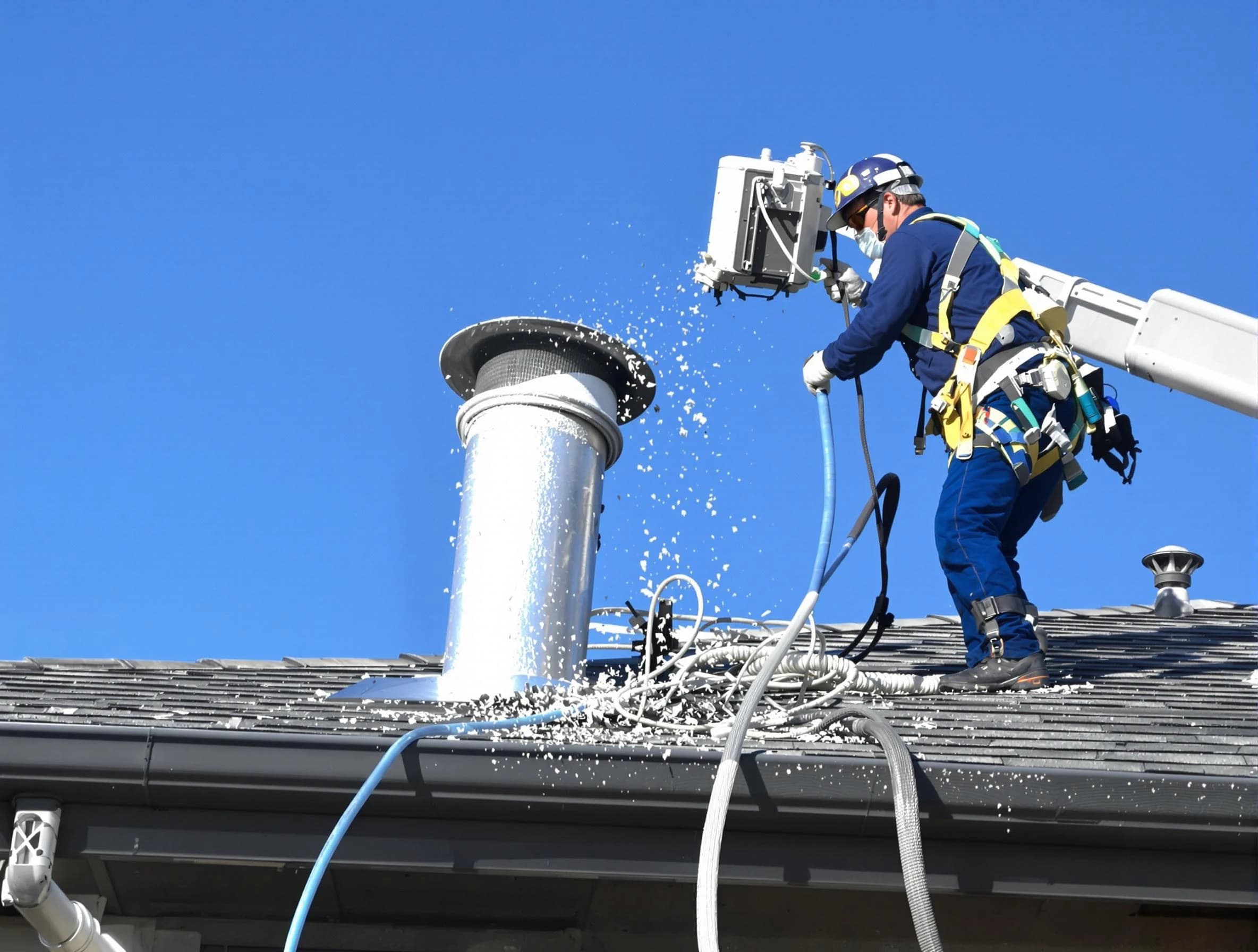South Jordan Dryer Vent Cleaning certified technician safely cleaning a roof-mounted dryer vent in South Jordan
