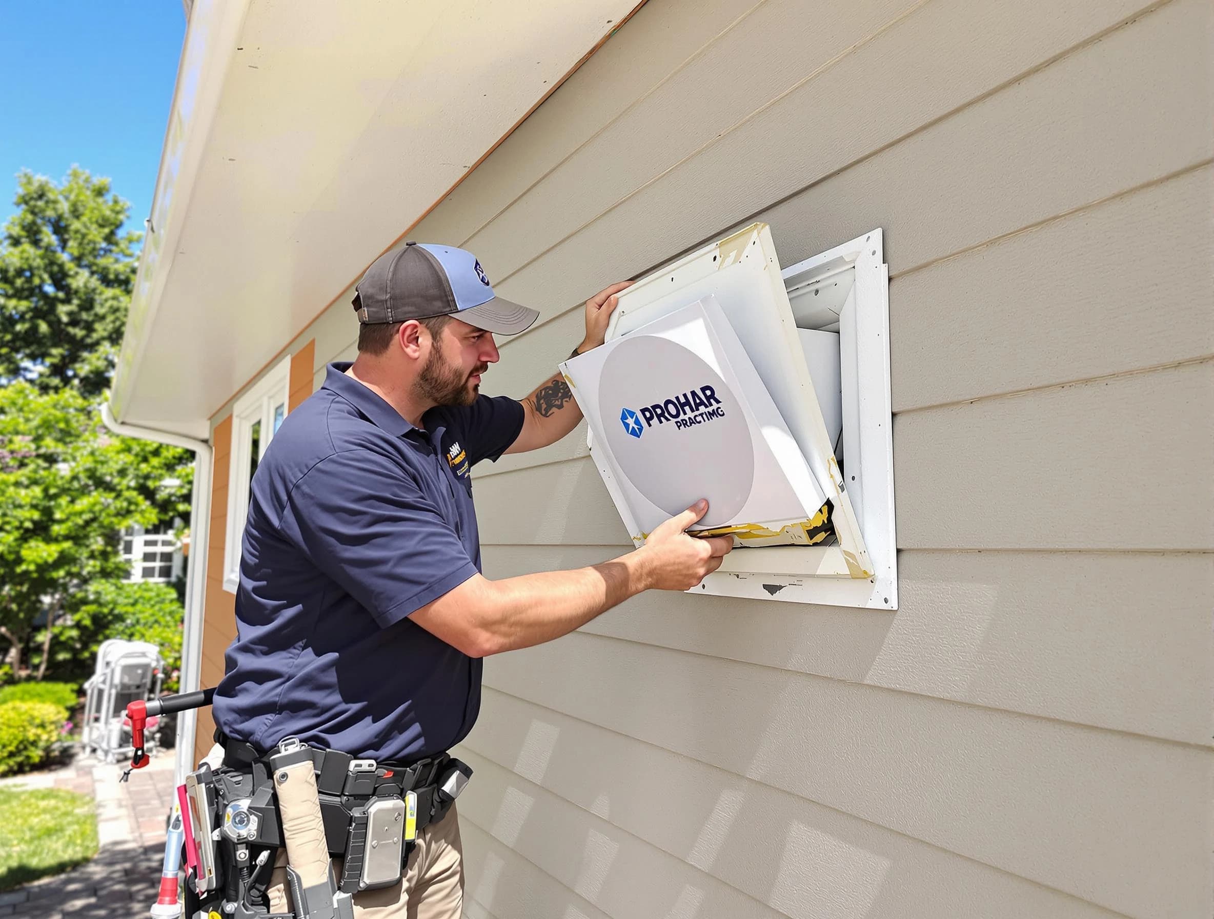 South Jordan Dryer Vent Cleaning technician installing a new protective dryer vent cover on a home in South Jordan
