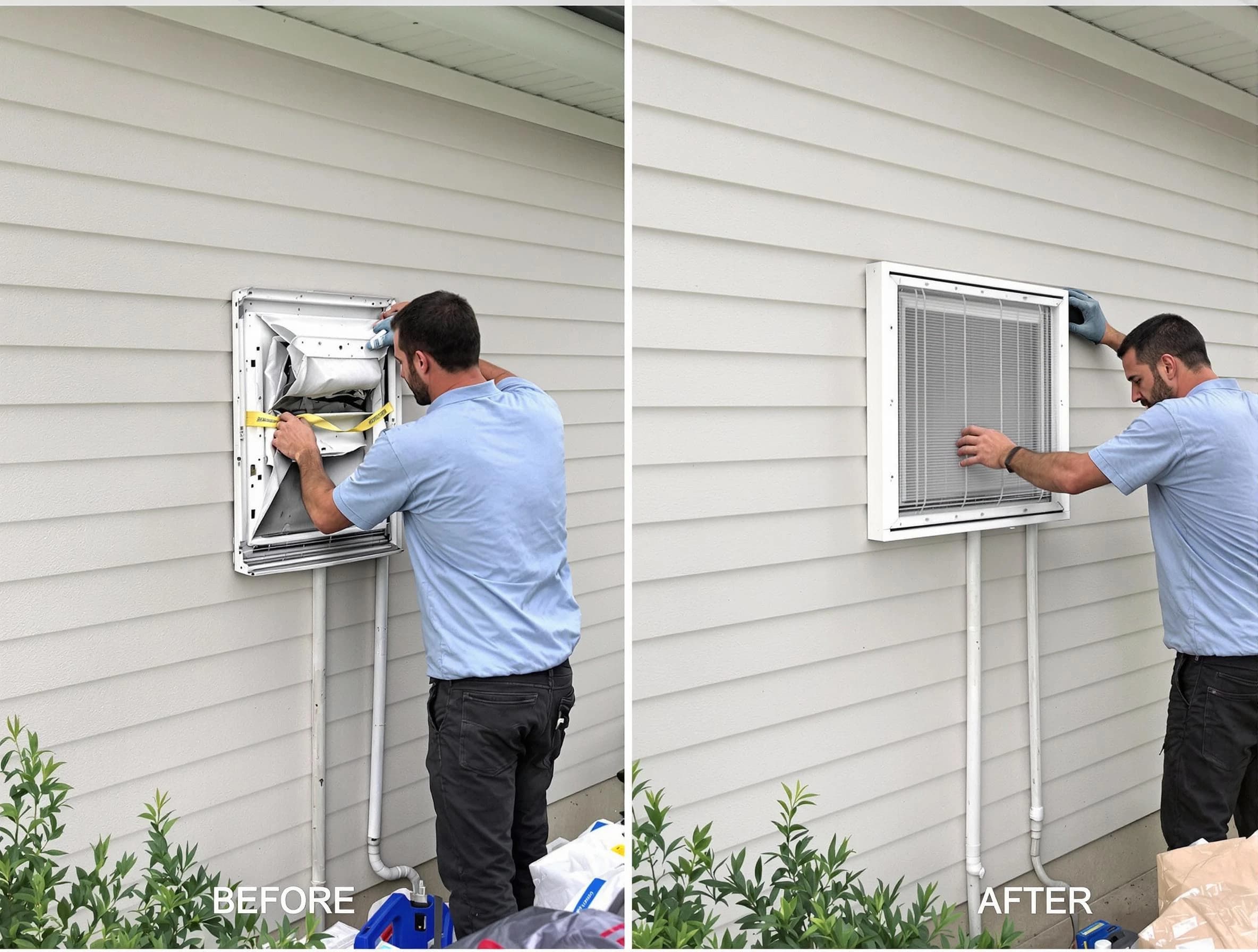 South Jordan Dryer Vent Cleaning technician installing high-quality dryer vent cover at a residential property in South Jordan