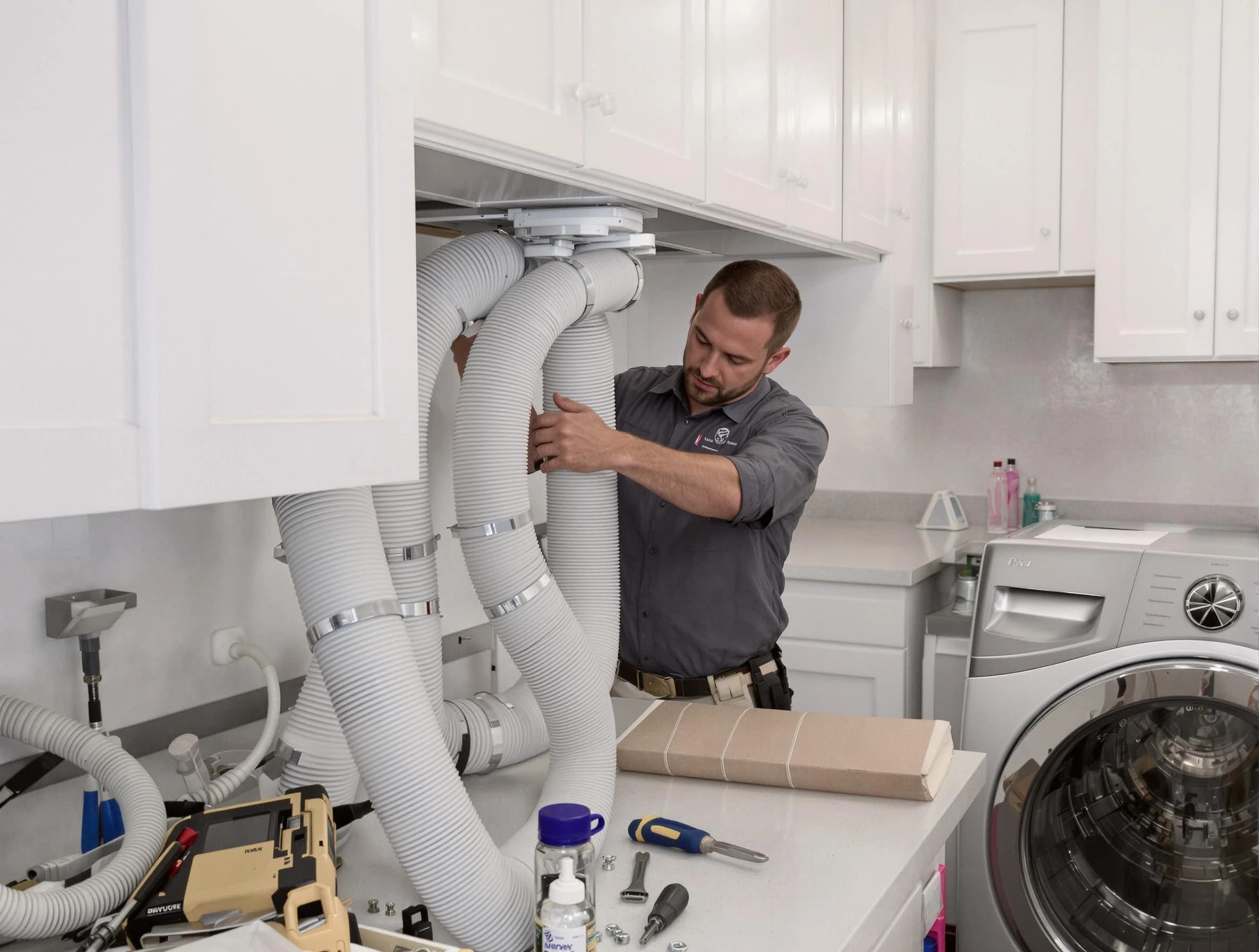 South Jordan Dryer Vent Cleaning technician installing a new professional-grade dryer vent hose in South Jordan